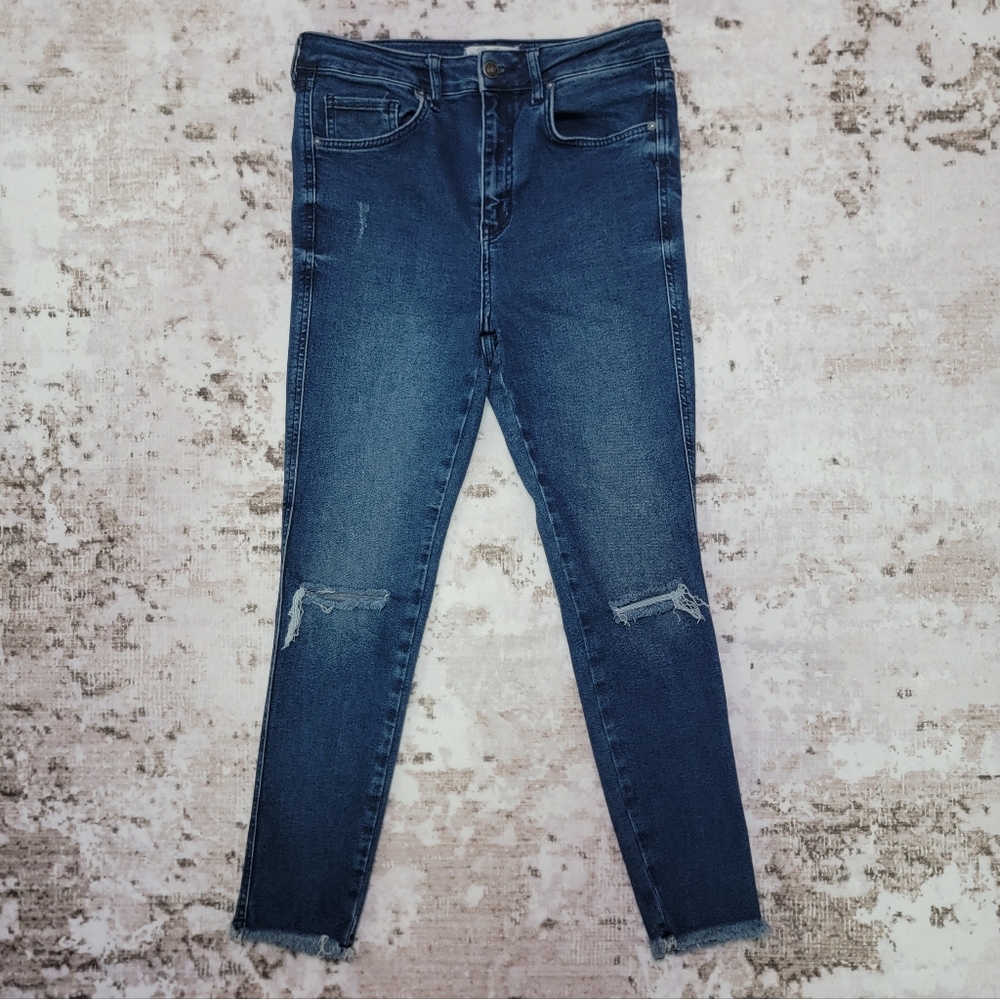 We The Free Free People Skinny Jeans Women's 31 Dark Wash Raw Hem Distressed EUC